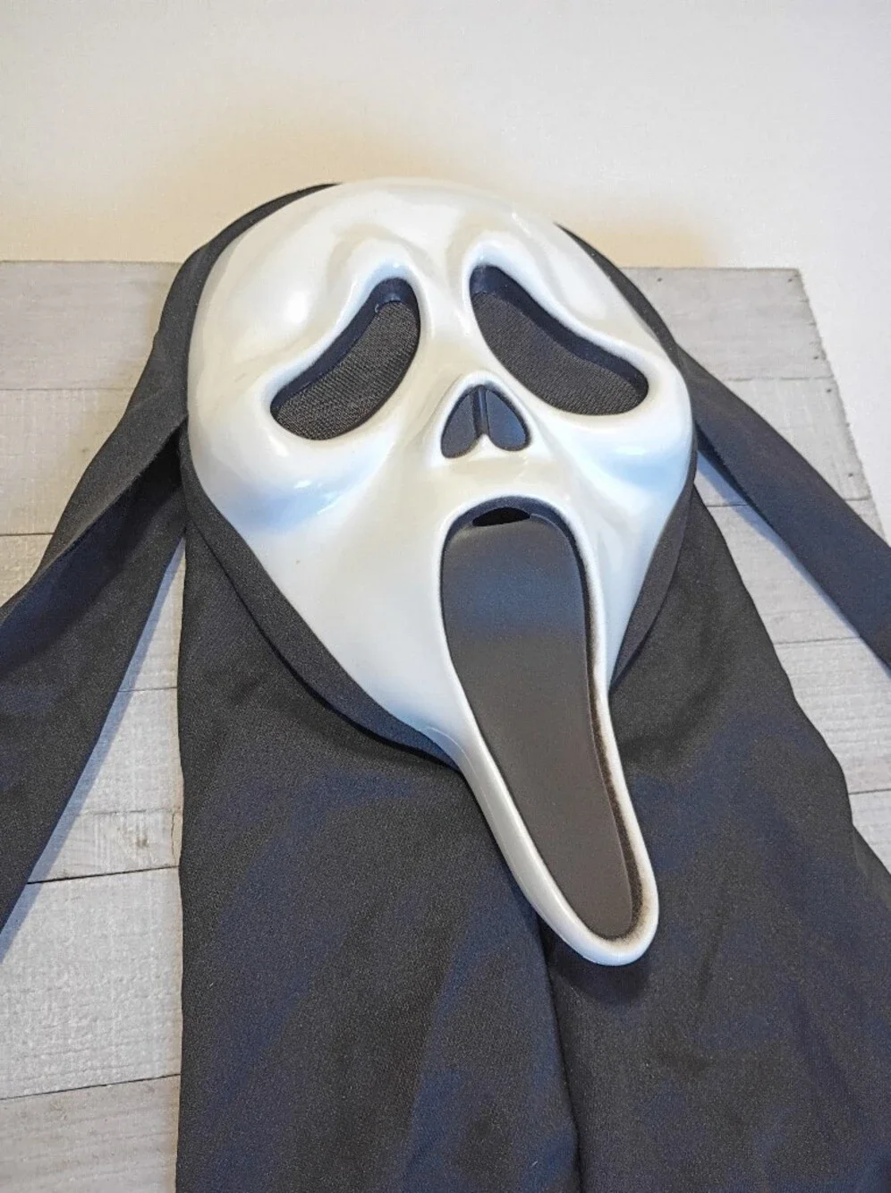 Spirit White Ghost Face Mask with Black Hood - Kids Or Adult Costume Mask